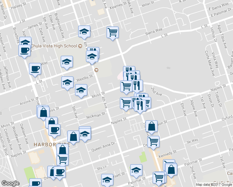 map of restaurants, bars, coffee shops, grocery stores, and more near in Chula Vista