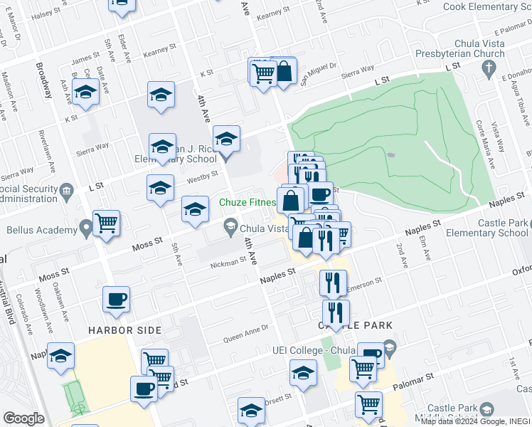 map of restaurants, bars, coffee shops, grocery stores, and more near 365 Moss Street in Chula Vista