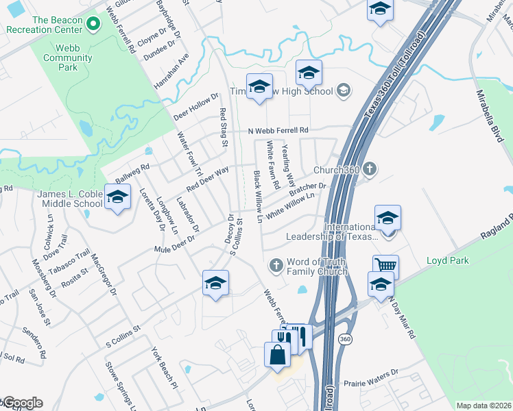 map of restaurants, bars, coffee shops, grocery stores, and more near 7728 Black Willow Lane in Arlington