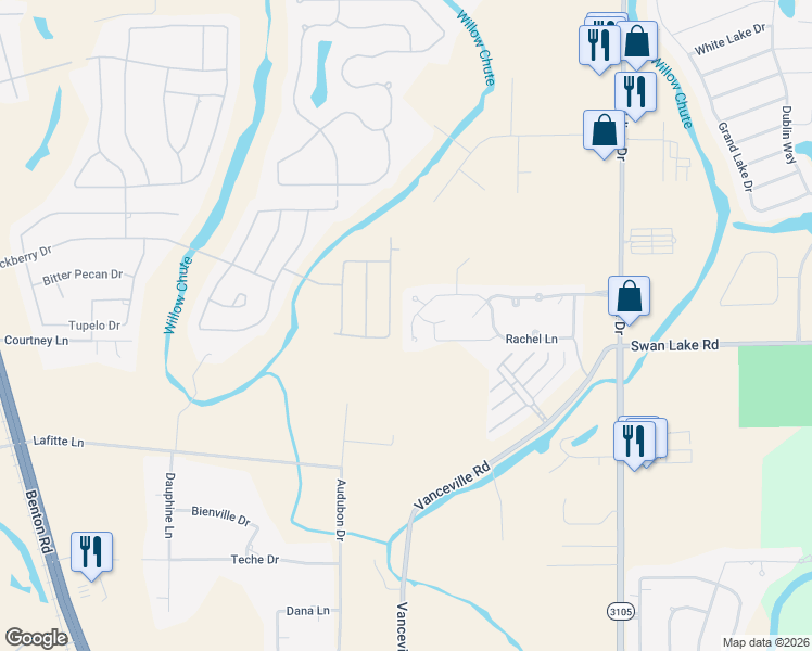 map of restaurants, bars, coffee shops, grocery stores, and more near 232 Rachel Lane in Bossier City