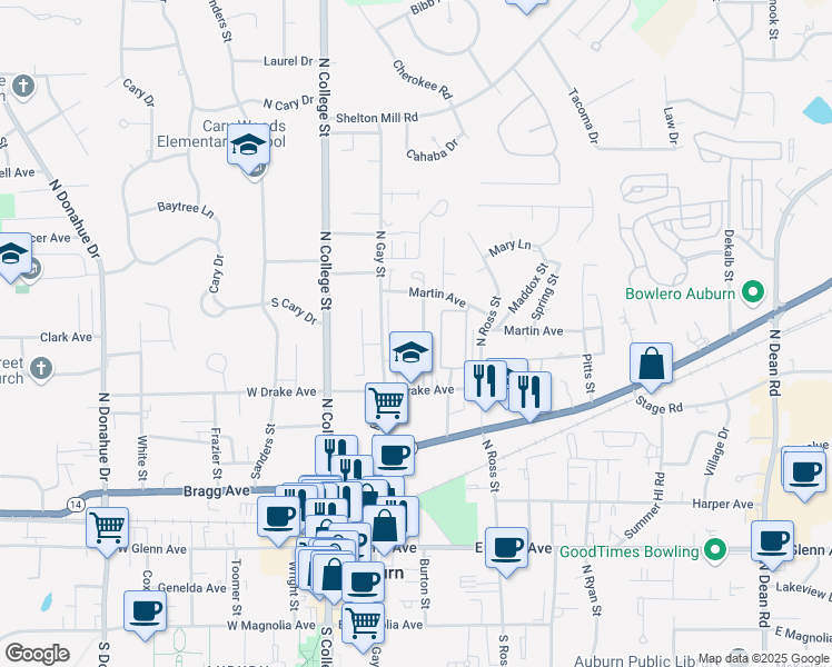 map of restaurants, bars, coffee shops, grocery stores, and more near 551 Hudson Terrace in Auburn