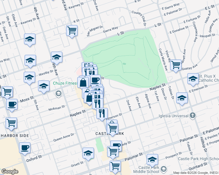 map of restaurants, bars, coffee shops, grocery stores, and more near 1046 2nd Avenue in Chula Vista