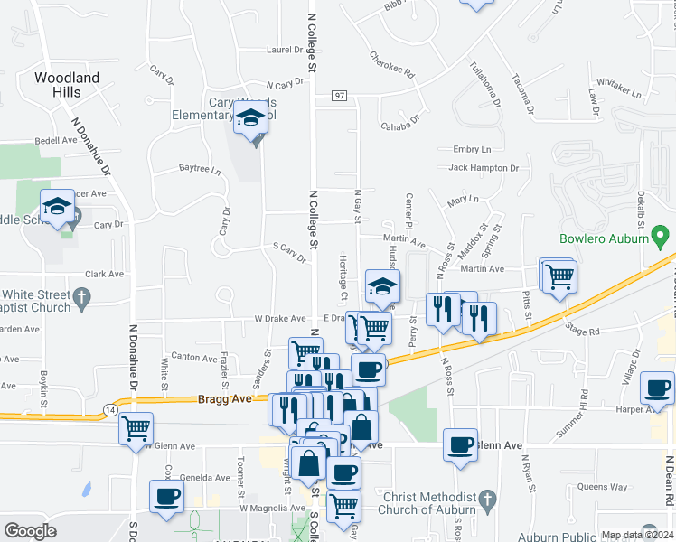 map of restaurants, bars, coffee shops, grocery stores, and more near 551 Heritage Court in Auburn