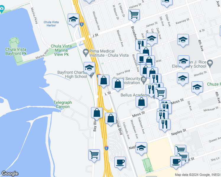 map of restaurants, bars, coffee shops, grocery stores, and more near 890 Colorado Avenue in Chula Vista