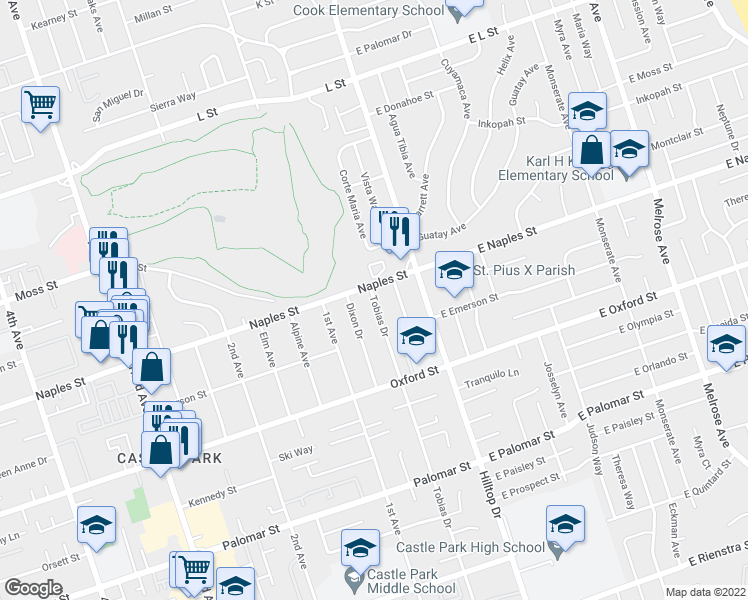 map of restaurants, bars, coffee shops, grocery stores, and more near 1114 Tobias Drive in Chula Vista