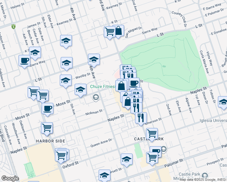 map of restaurants, bars, coffee shops, grocery stores, and more near in Chula Vista