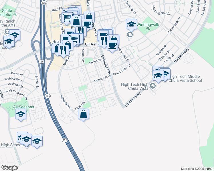 map of restaurants, bars, coffee shops, grocery stores, and more near 2092 Tango Loop in Chula Vista