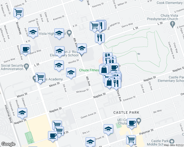 map of restaurants, bars, coffee shops, grocery stores, and more near 365 Moss Street in Chula Vista