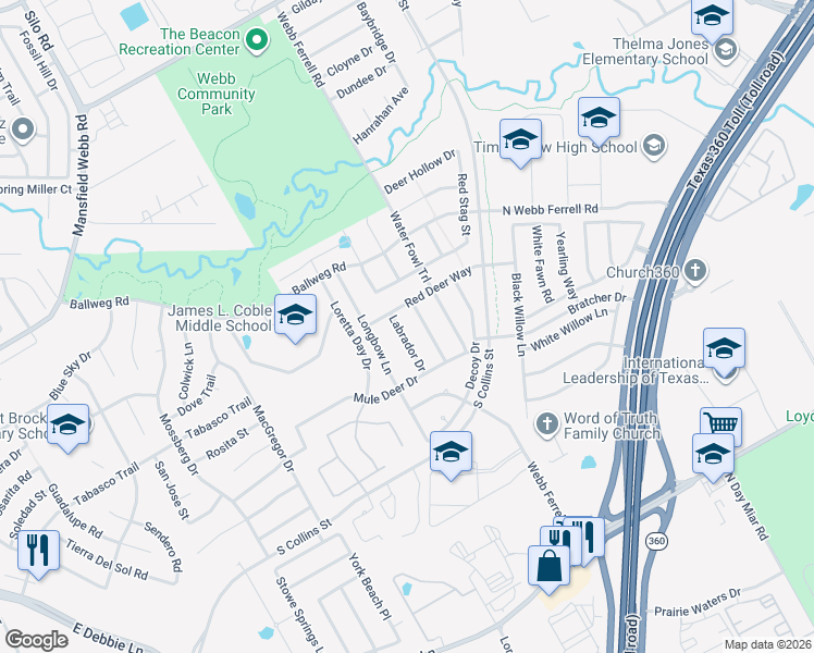 map of restaurants, bars, coffee shops, grocery stores, and more near 7707 Labrador Drive in Arlington
