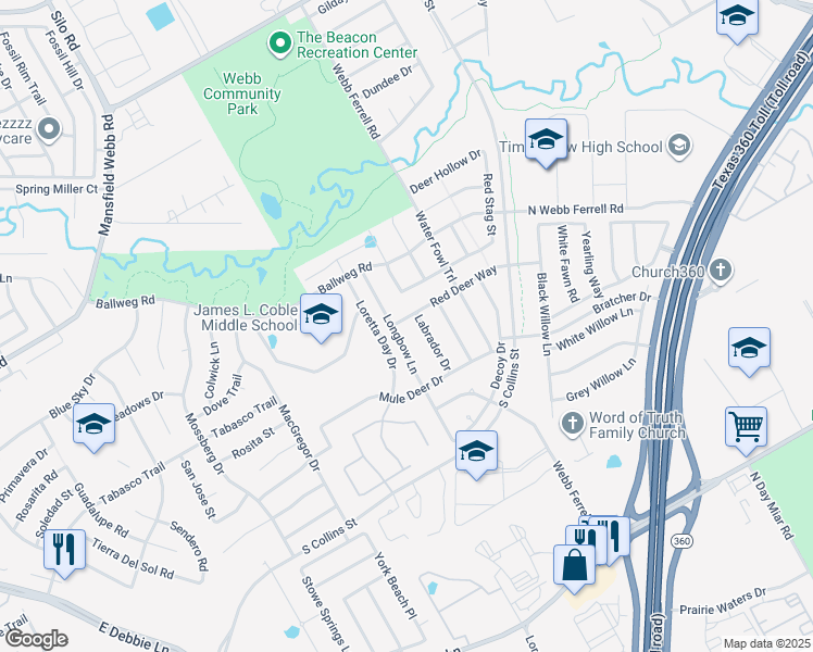 map of restaurants, bars, coffee shops, grocery stores, and more near 7604 Longbow Lane in Arlington