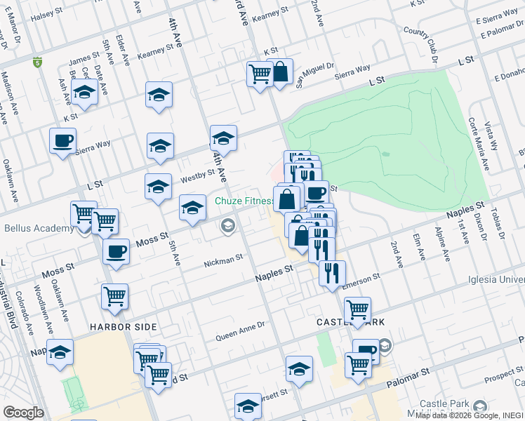 map of restaurants, bars, coffee shops, grocery stores, and more near 365 Moss Street in Chula Vista