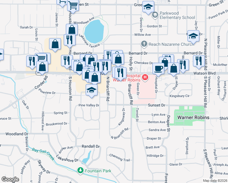 map of restaurants, bars, coffee shops, grocery stores, and more near 107 Springdale Road in Warner Robins