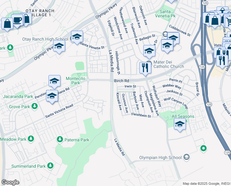 map of restaurants, bars, coffee shops, grocery stores, and more near 1674 Kincaid Avenue in Chula Vista