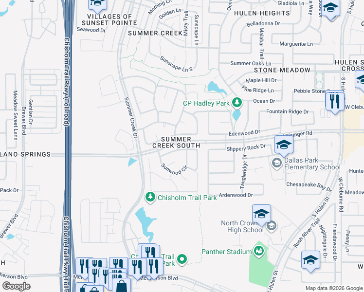 map of restaurants, bars, coffee shops, grocery stores, and more near 5028 Breezewind Lane in Fort Worth