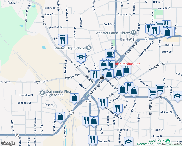 map of restaurants, bars, coffee shops, grocery stores, and more near in Minden