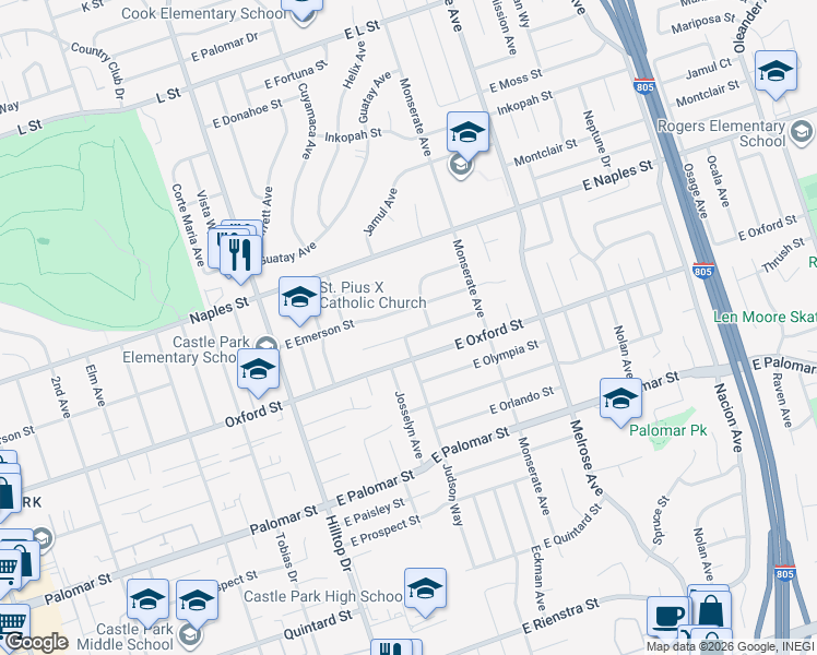 map of restaurants, bars, coffee shops, grocery stores, and more near 99 East Queen Ann Drive in Chula Vista