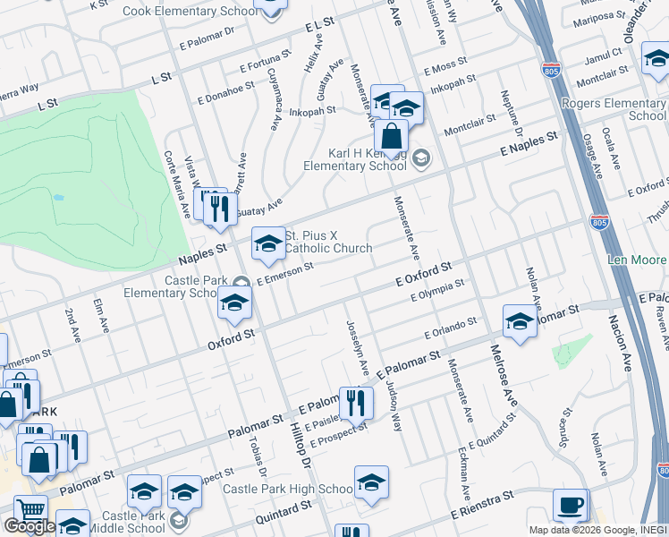 map of restaurants, bars, coffee shops, grocery stores, and more near 78 East Emerson Street in Chula Vista