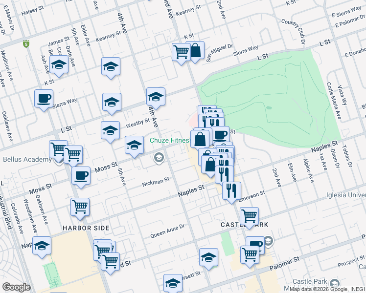 map of restaurants, bars, coffee shops, grocery stores, and more near 365 Moss Street in Chula Vista