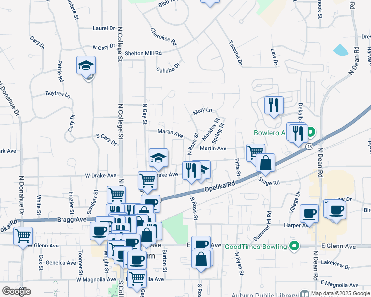 map of restaurants, bars, coffee shops, grocery stores, and more near 553 North Ross Street in Auburn