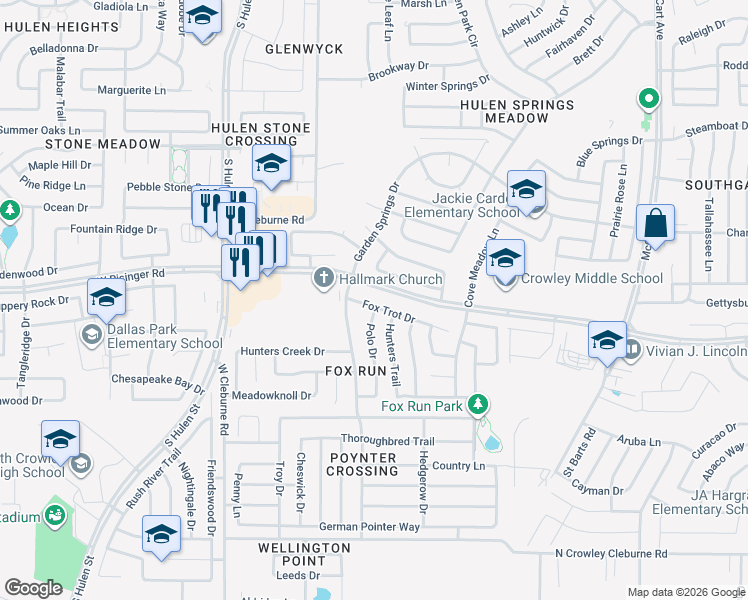 map of restaurants, bars, coffee shops, grocery stores, and more near 4008 Fox Trot Drive in Fort Worth