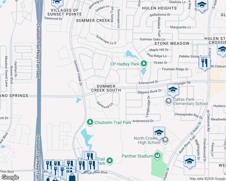 map of restaurants, bars, coffee shops, grocery stores, and more near 5028 Breezewind Lane in Fort Worth
