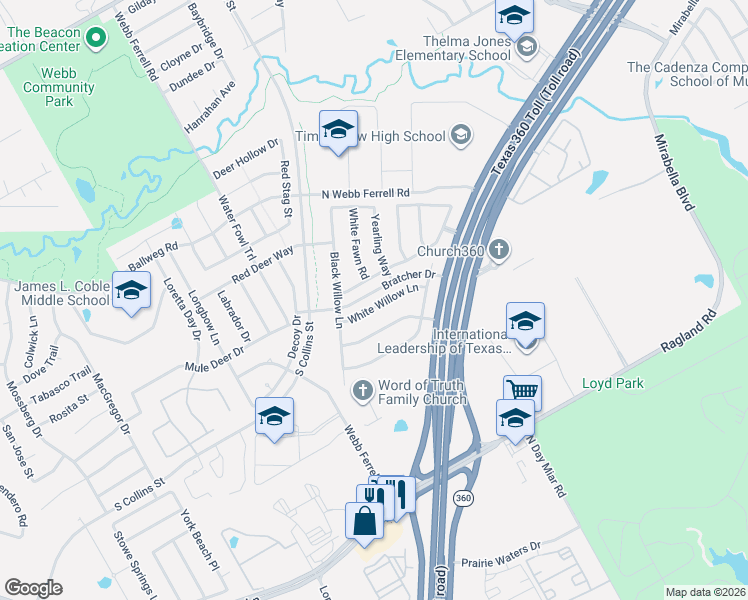 map of restaurants, bars, coffee shops, grocery stores, and more near 1517 White Willow Lane in Arlington