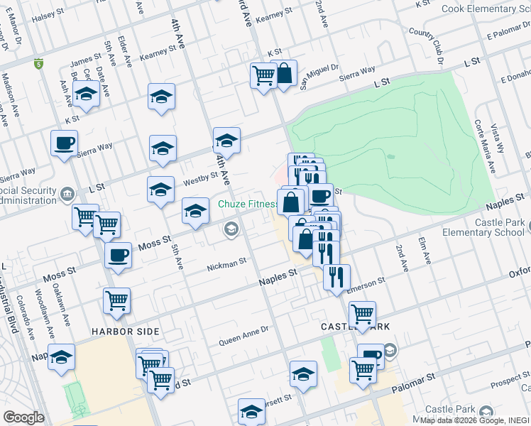 map of restaurants, bars, coffee shops, grocery stores, and more near 363 Moss Street in Chula Vista