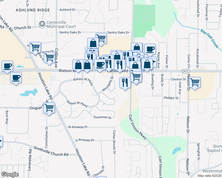 map of restaurants, bars, coffee shops, grocery stores, and more near 121 Westbury Court in Warner Robins