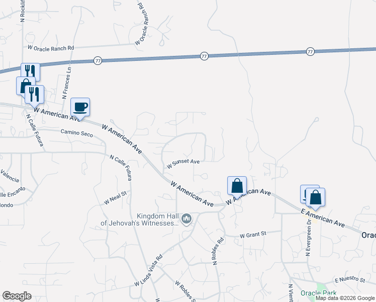 map of restaurants, bars, coffee shops, grocery stores, and more near 1665 North Sunset View Road in Oracle