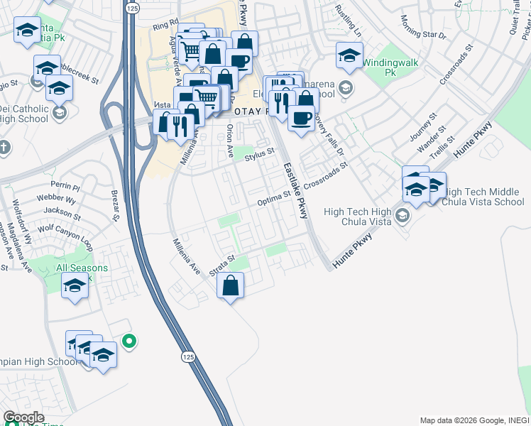 map of restaurants, bars, coffee shops, grocery stores, and more near 2049 Bravo Loop in Chula Vista
