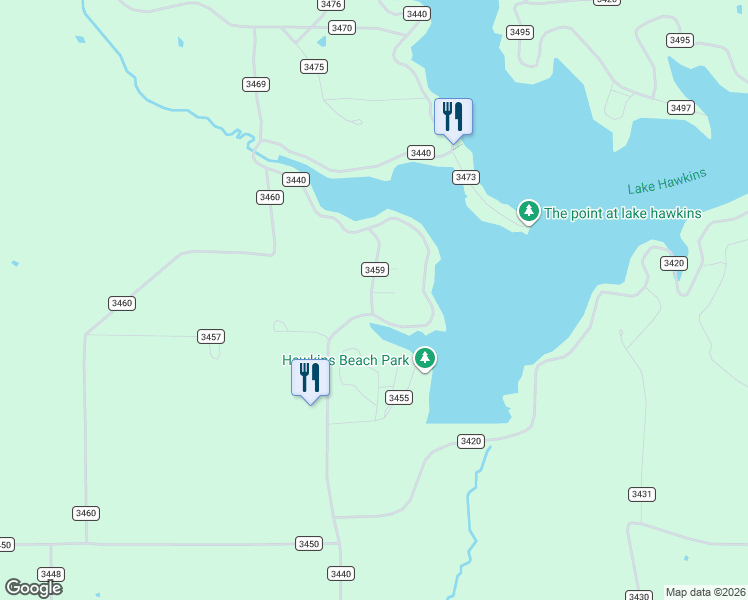 map of restaurants, bars, coffee shops, grocery stores, and more near 855 County Road 3440 in Hawkins