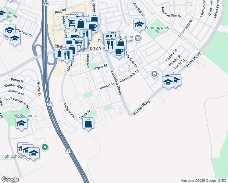 map of restaurants, bars, coffee shops, grocery stores, and more near Eastlake Parkway in Chula Vista