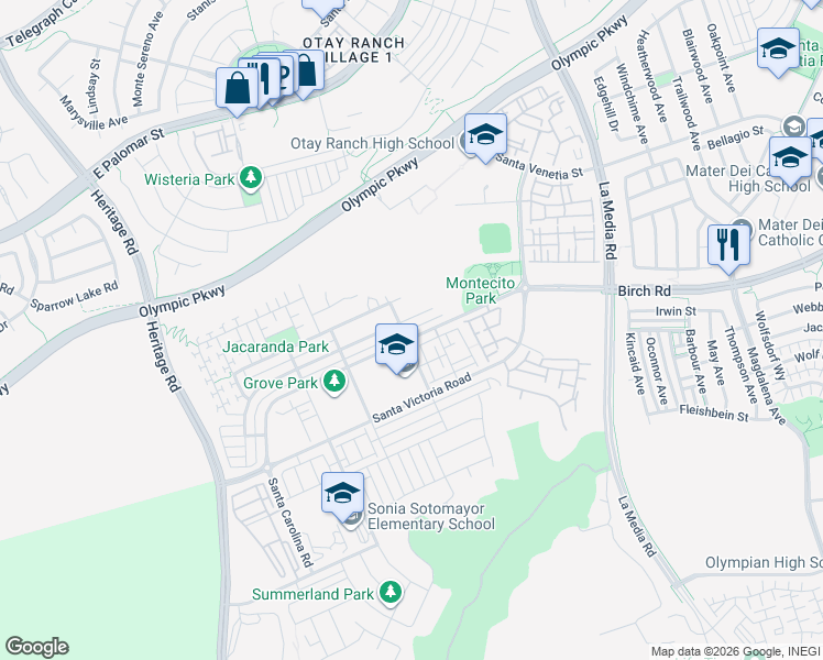 map of restaurants, bars, coffee shops, grocery stores, and more near 1434 Pershing Road in Chula Vista