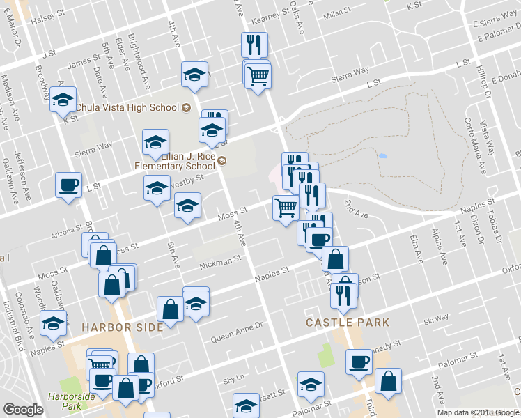 map of restaurants, bars, coffee shops, grocery stores, and more near 365 Moss Street in Chula Vista