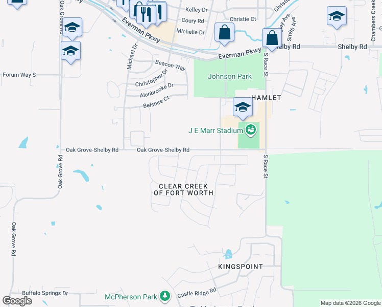map of restaurants, bars, coffee shops, grocery stores, and more near 500 Oak Grove-Shelby Road in Everman
