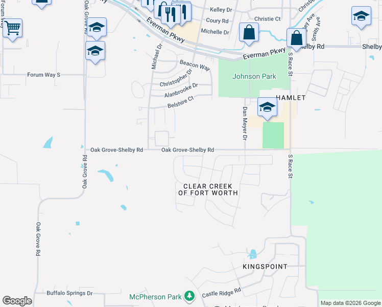map of restaurants, bars, coffee shops, grocery stores, and more near 1950 Oak Grove-Shelby Road in Fort Worth