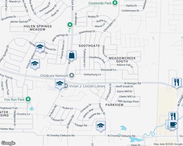 map of restaurants, bars, coffee shops, grocery stores, and more near 3200 Gettysburg Lane in Fort Worth