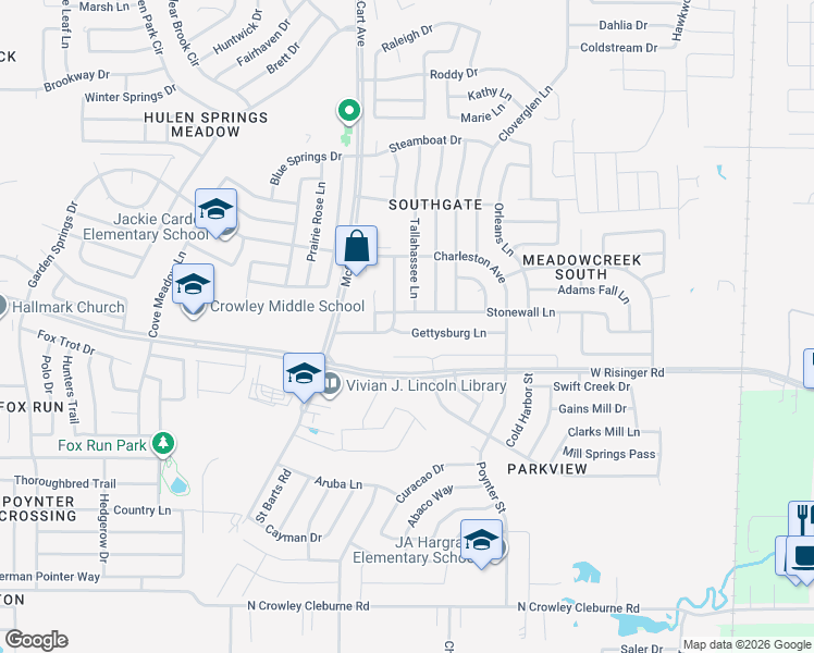 map of restaurants, bars, coffee shops, grocery stores, and more near 3308 Gettysburg Lane in Fort Worth