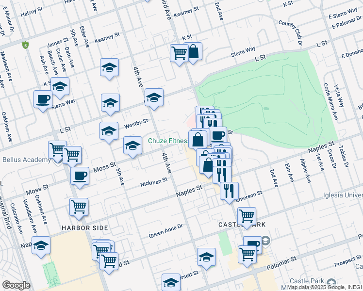 map of restaurants, bars, coffee shops, grocery stores, and more near 365 Moss Street in Chula Vista