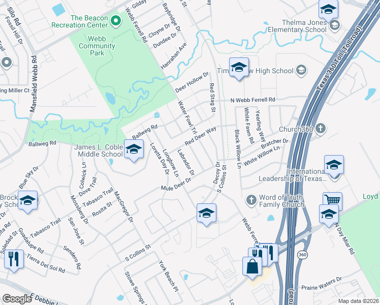 map of restaurants, bars, coffee shops, grocery stores, and more near 7707 Labrador Drive in Arlington
