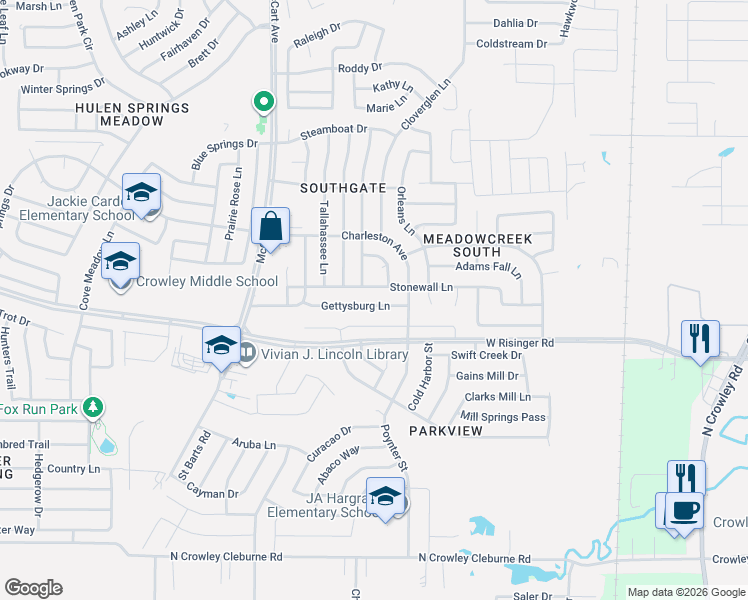 map of restaurants, bars, coffee shops, grocery stores, and more near 3016 Gettysburg Lane in Fort Worth