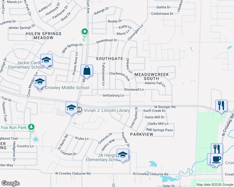 map of restaurants, bars, coffee shops, grocery stores, and more near 3200 Gettysburg Lane in Fort Worth