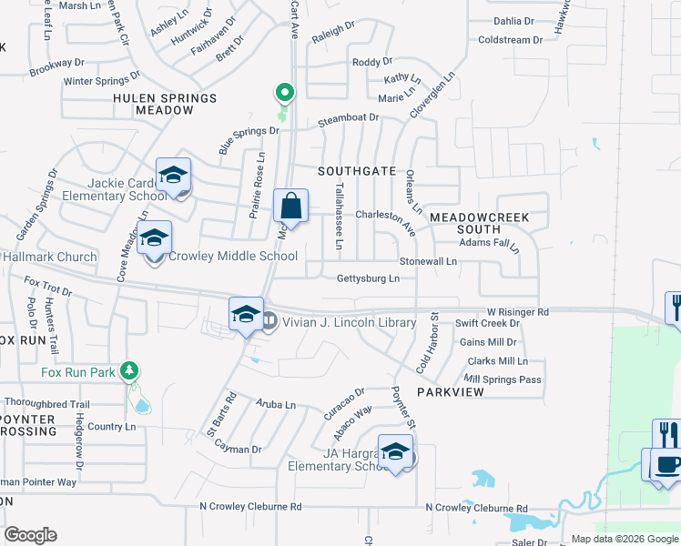 map of restaurants, bars, coffee shops, grocery stores, and more near 3308 Gettysburg Lane in Fort Worth