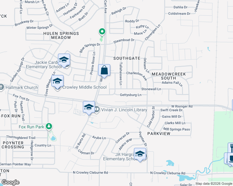 map of restaurants, bars, coffee shops, grocery stores, and more near 3308 Gettysburg Lane in Fort Worth