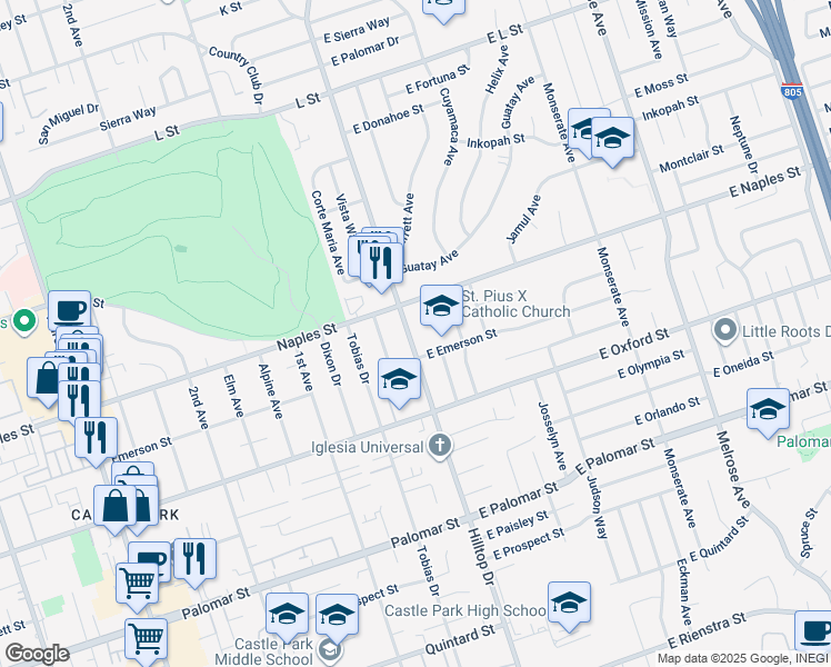 map of restaurants, bars, coffee shops, grocery stores, and more near 1127 Hilltop Drive in Chula Vista