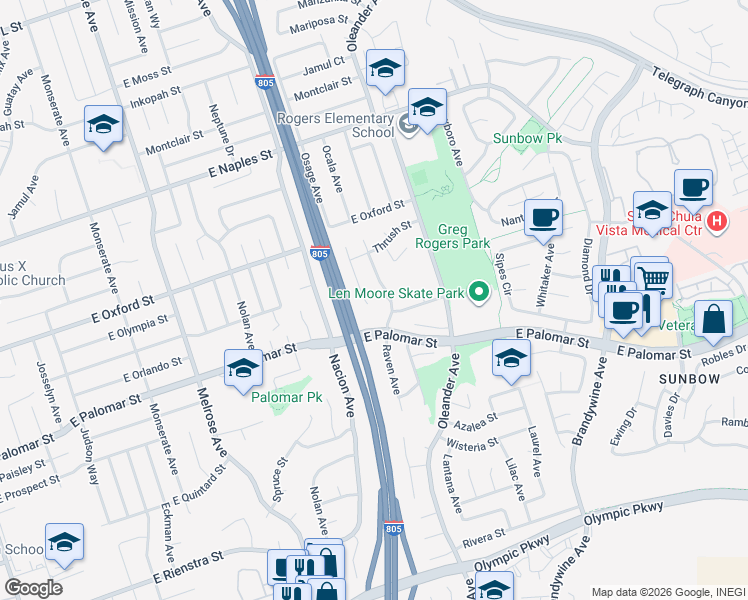 map of restaurants, bars, coffee shops, grocery stores, and more near 1290 Finch Place in Chula Vista