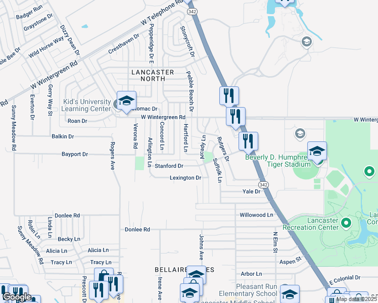 map of restaurants, bars, coffee shops, grocery stores, and more near 2610 Hartford Lane in Lancaster