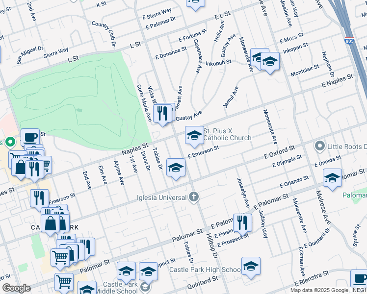 map of restaurants, bars, coffee shops, grocery stores, and more near 1127 Hilltop Drive in Chula Vista