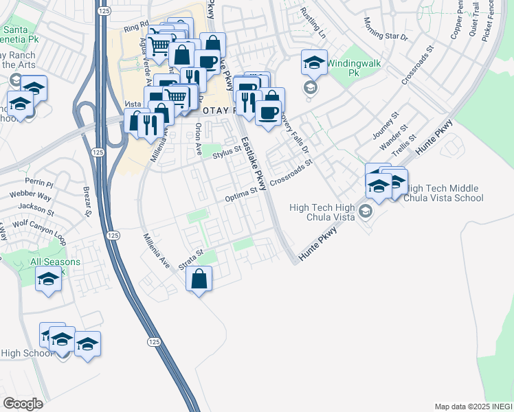 map of restaurants, bars, coffee shops, grocery stores, and more near 2053 Tango Loop in Chula Vista