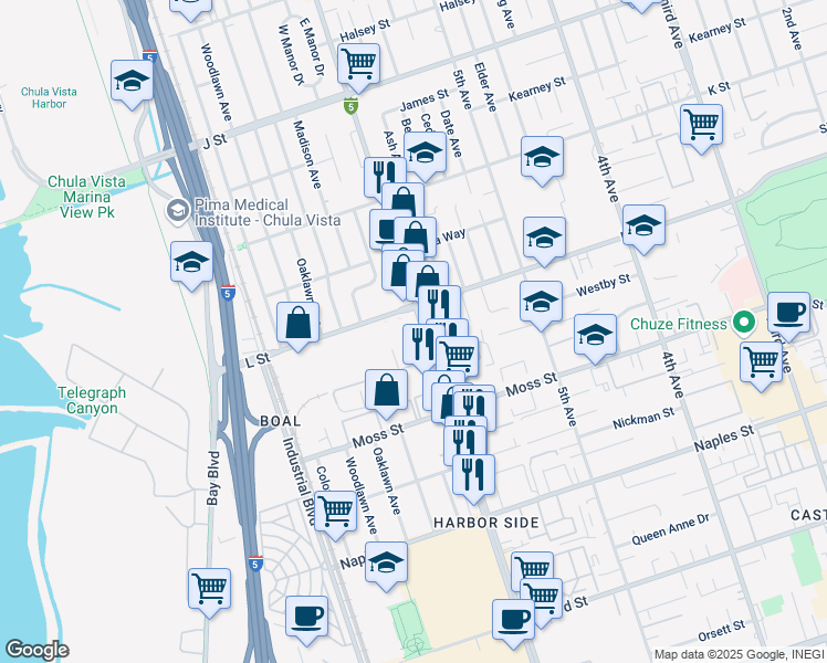 map of restaurants, bars, coffee shops, grocery stores, and more near 44 Broadway in Chula Vista
